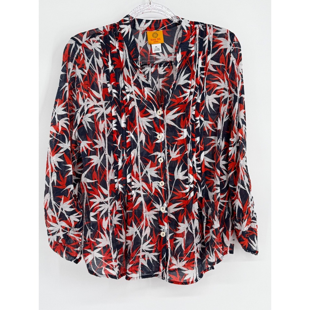 Ruby Rd Petite Womens Red Navy Blue Bamboo Leaf‎ Print Button Front Blouse Sz PL